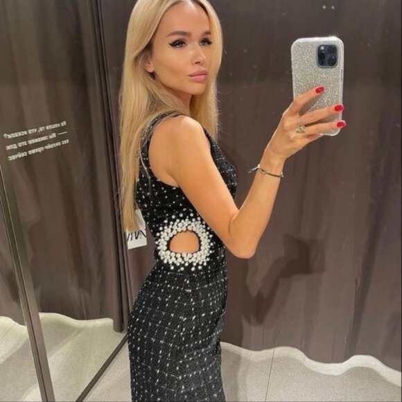 Zara Textured Tweed Dress Sleeveless with faux pearl Black XL NWT - Picture 2 of 16